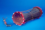 Variable Tension Drum, Wood, hide, fabric, shell., possibly Sudanese